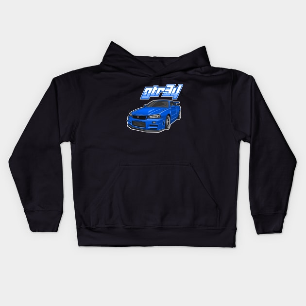 Blue gtr34 car Kids Hoodie by enha design